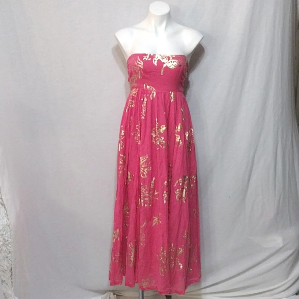 NWT Free People Strapless Metallic Floral Maxi Dress XS Open Back Tie Resort